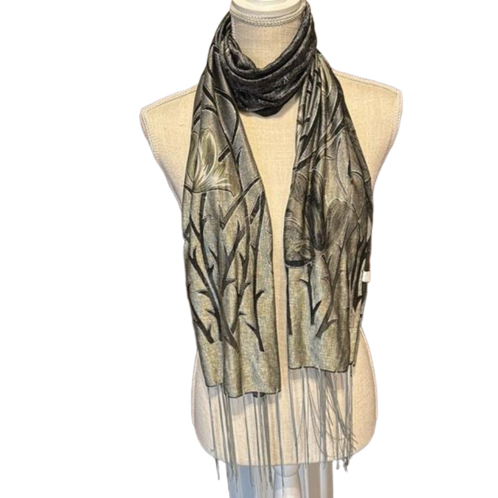 Beautiful Floral Scarf Outlined In Silver